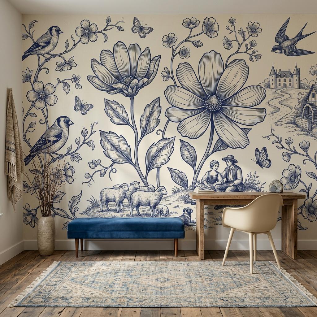 Vintage Floral Bird Wallpaper – Blue White Botanical Cottage Wall Mural