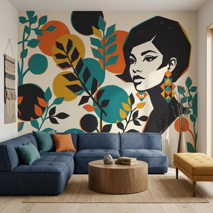 Pop Art Woman Wallpaper Retro Abstract Leaves Colorful Bedroom Decor Wall Mural