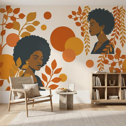 Afro Woman Wall Mural: Retro Orange Abstract Leaves, Mid-Century Modern Decor
