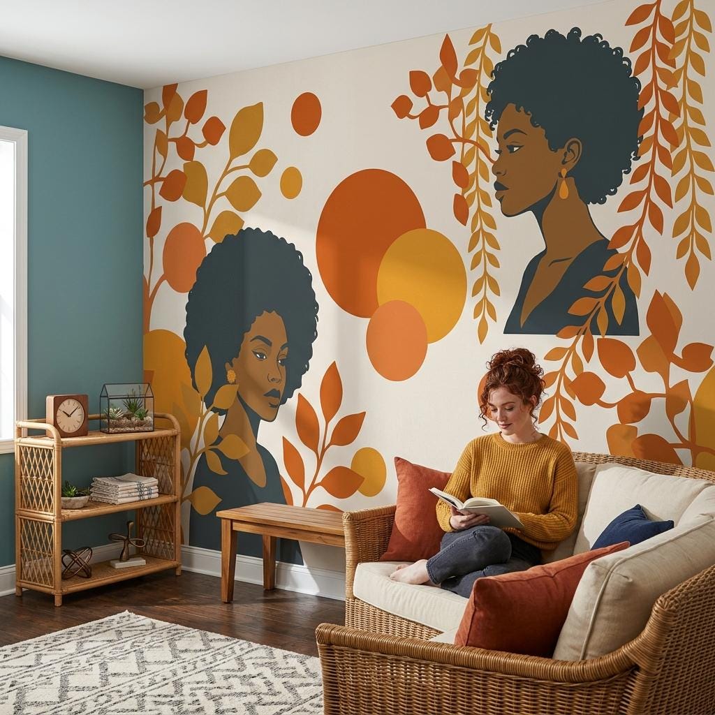 Afro Woman Wall Mural: Retro Orange Abstract Leaves, Mid-Century Modern Decor
