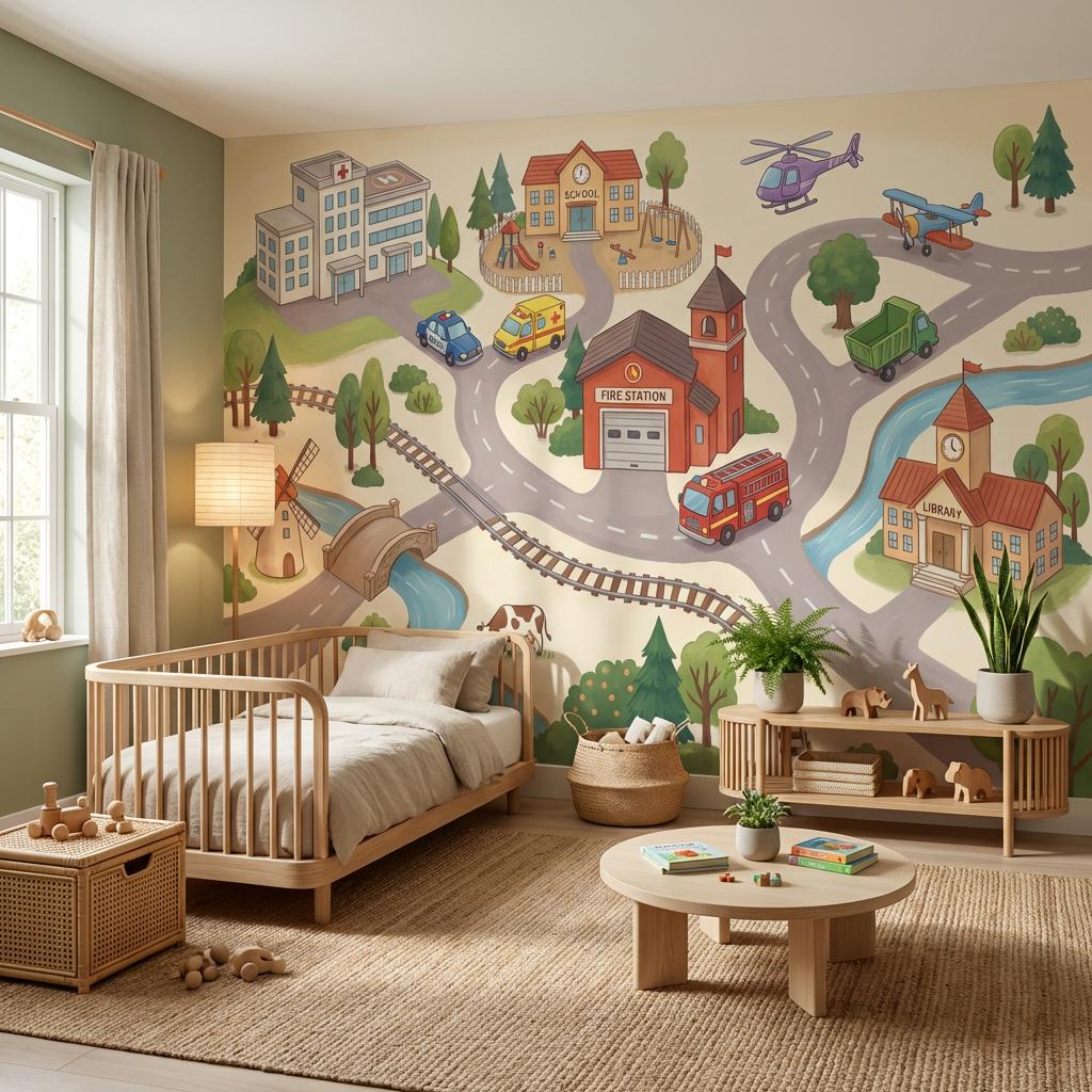 Town Illustration Wallpaper Buildings Playful Wall Mural