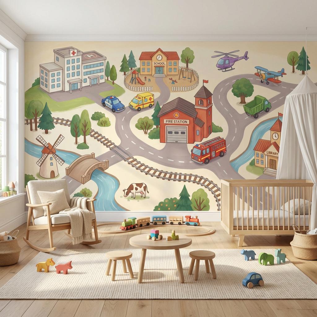 Town Illustration Wallpaper Buildings Playful Wall Mural