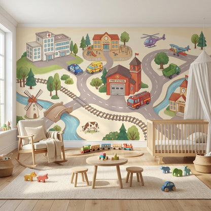 Town Illustration Wallpaper Buildings Playful Wall Mural