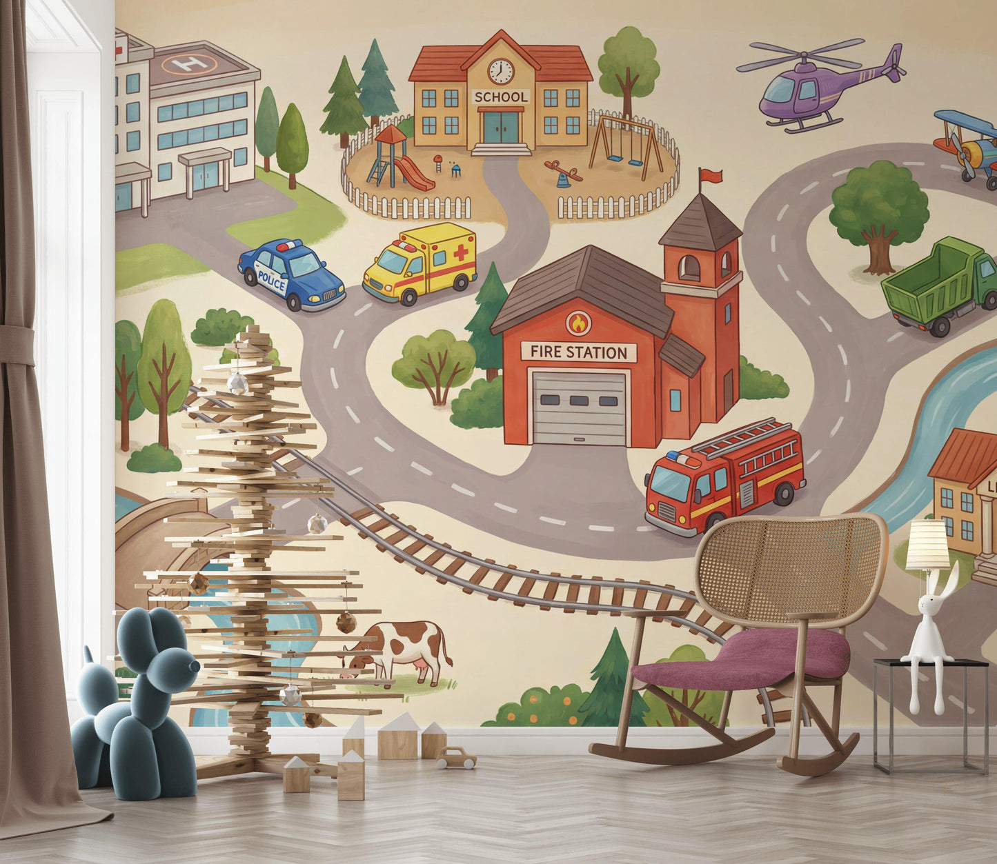 Town Illustration Wallpaper Buildings Playful Wall Mural