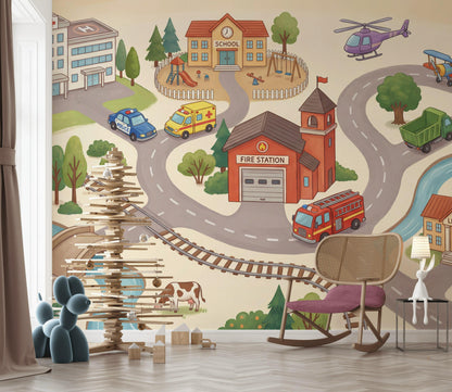 Town Illustration Wallpaper Buildings Playful Wall Mural