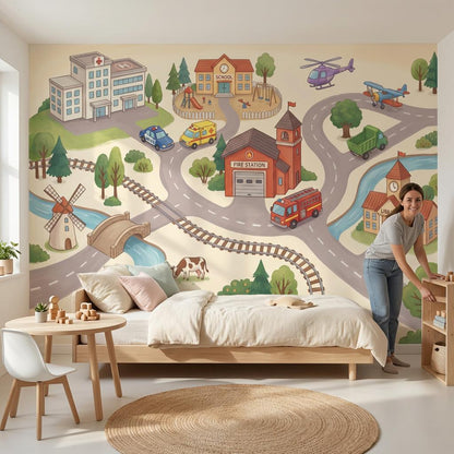 Town Illustration Wallpaper Buildings Playful Wall Mural