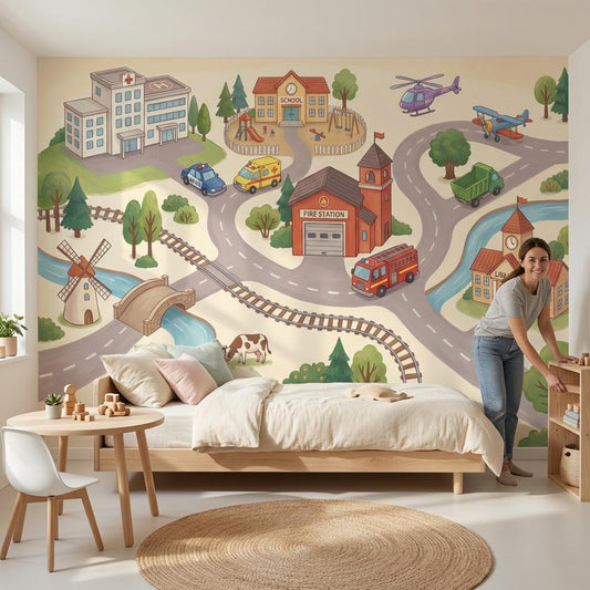 Town Illustration Wallpaper Buildings Playful Wall Mural