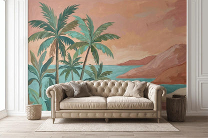 Tropical Landscape Wallpaper Palm Trees Coastal Bay Wall Mural