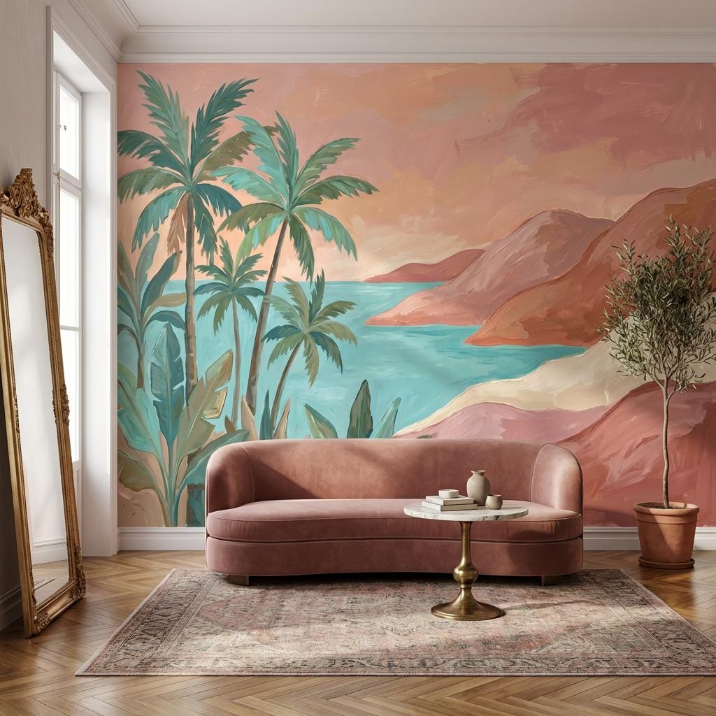Tropical Landscape Wallpaper Palm Trees Coastal Bay Wall Mural