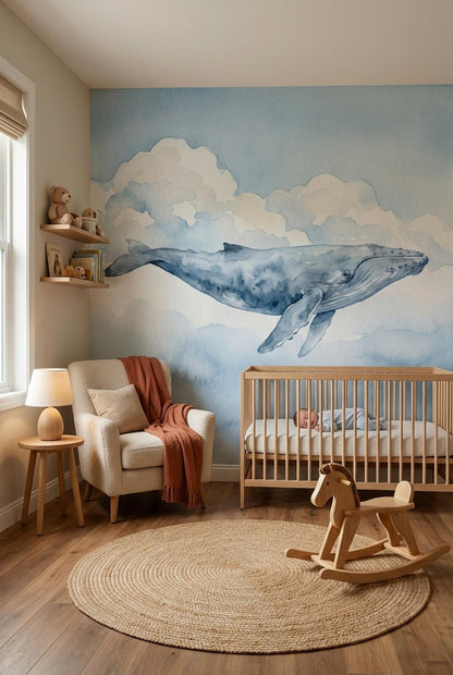Watercolor Whale and Clouds Nursery Wallpaper (Peel & Stick)