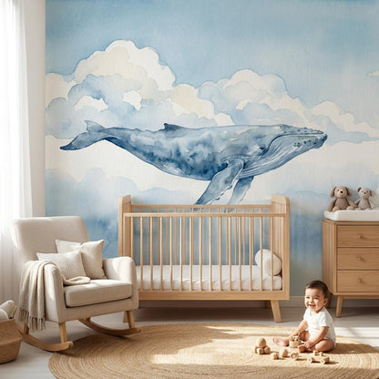 Watercolor Whale and Clouds Nursery Wallpaper (Peel & Stick)