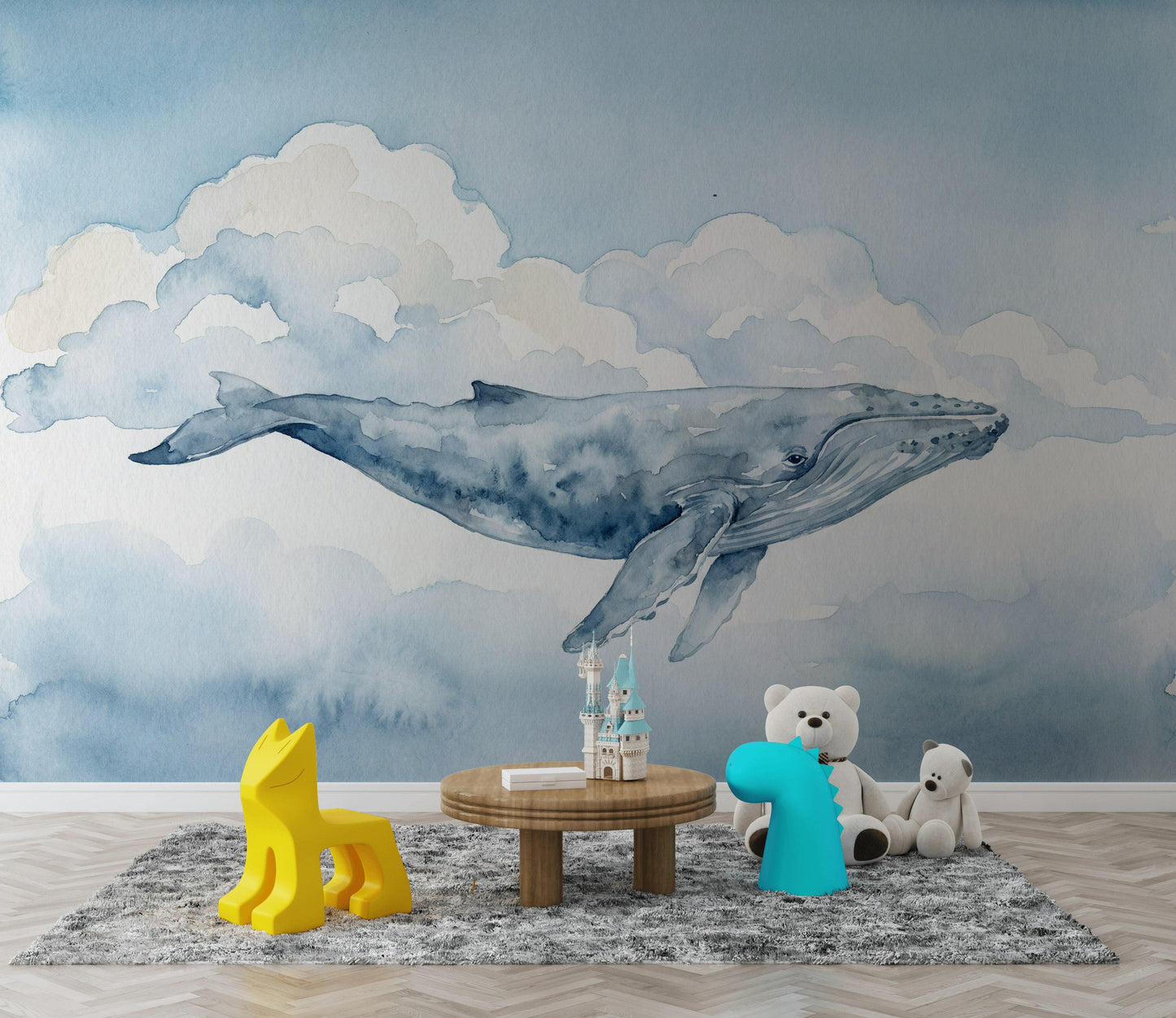 Watercolor Whale and Clouds Nursery Wallpaper (Peel & Stick)