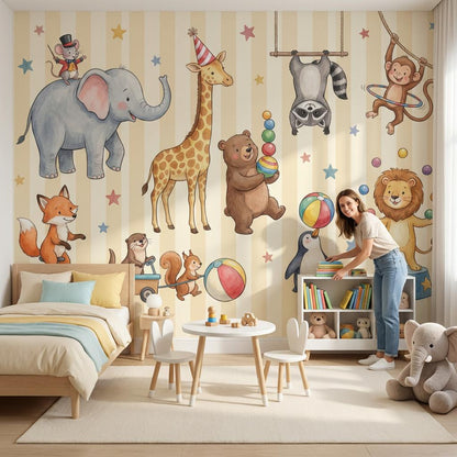 Circus Animals Wallpaper Kids Wallpaper Watercolor Illustration Wall Mural