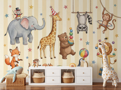 Circus Animals Wallpaper Kids Wallpaper Watercolor Illustration Wall Mural