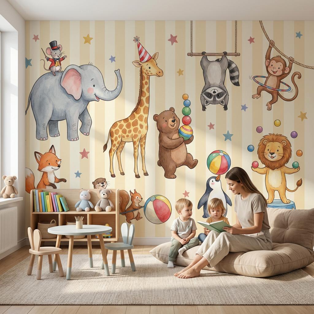 Circus Animals Wallpaper Kids Wallpaper Watercolor Illustration Wall Mural