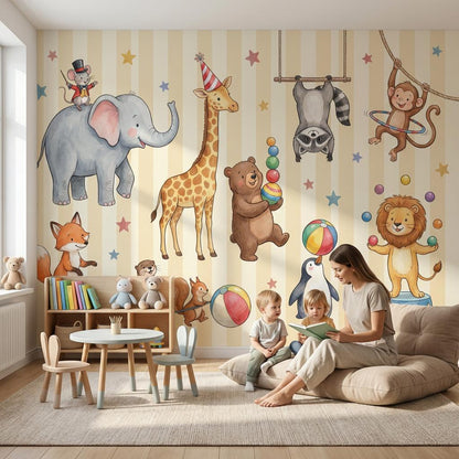 Circus Animals Wallpaper Kids Wallpaper Watercolor Illustration Wall Mural