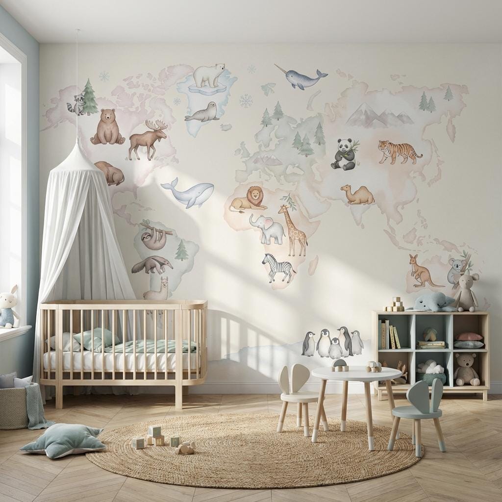 Watercolor World Map Animal Wall Mural: Educational Kids Nursery Decor ...