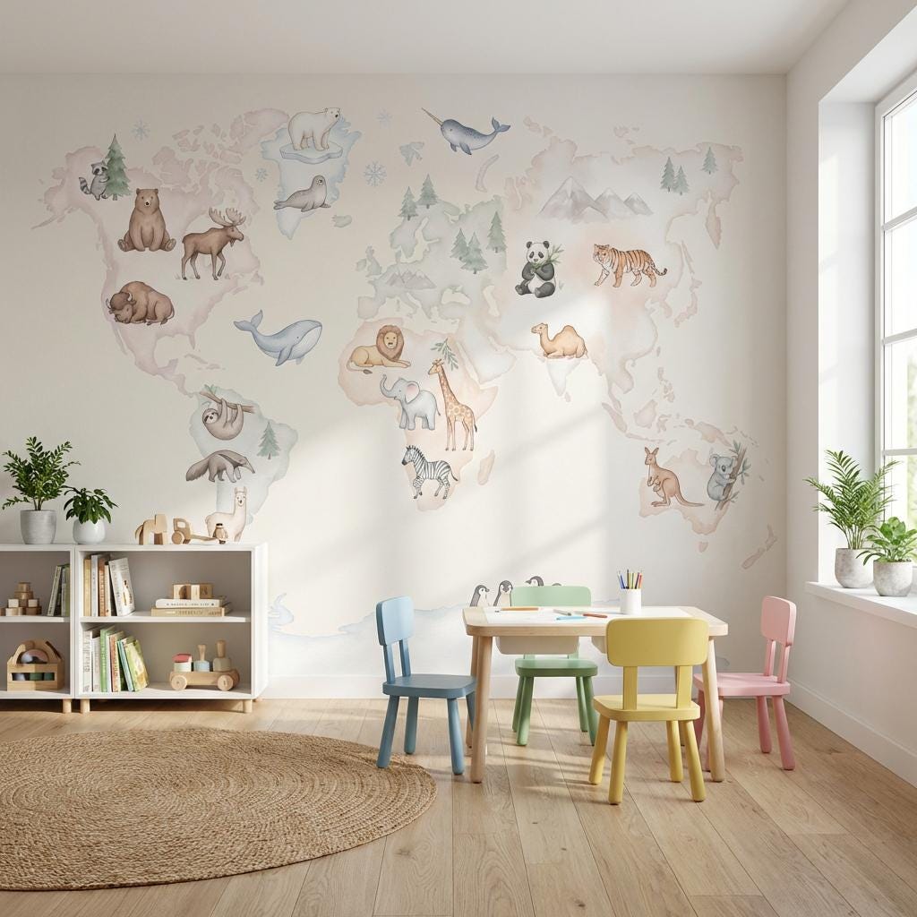 Watercolor World Map Animal Wall Mural: Educational Kids Nursery Decor ...