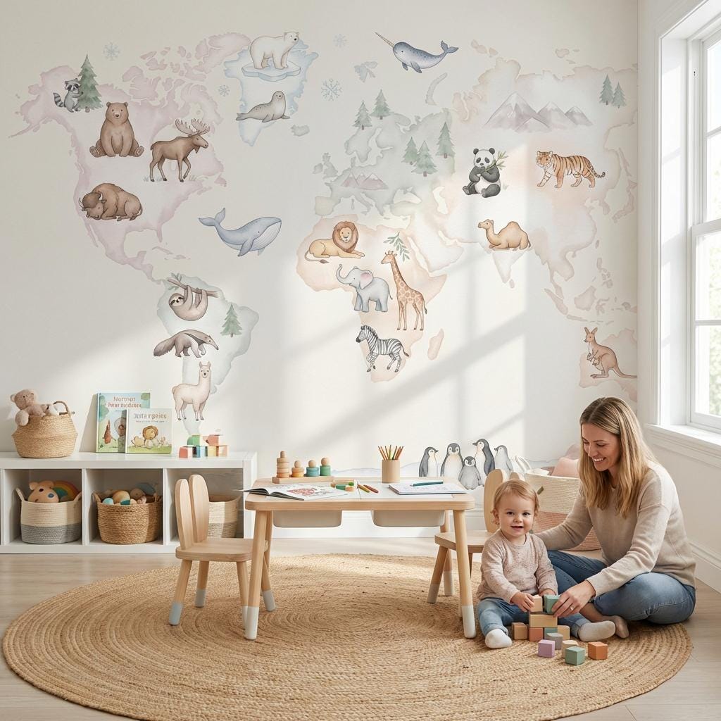 Watercolor World Map Animal Wall Mural: Educational Kids Nursery Decor ...