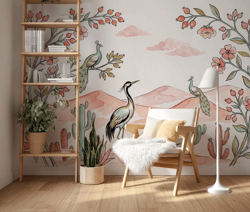 Boho Bird Wallpaper Floral Desert Wall Decor Soft Pastel Nature Bedroom Wall Mural