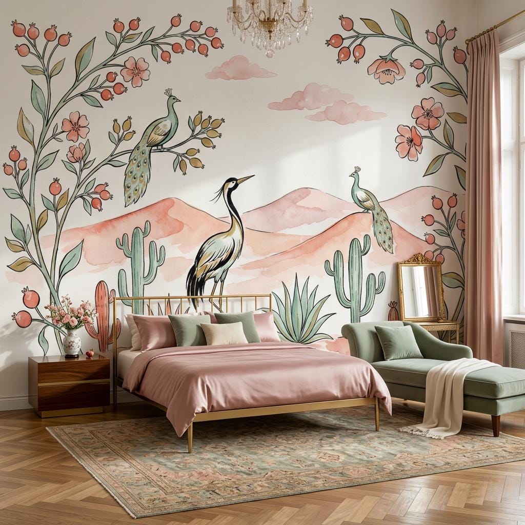 Boho Bird Wallpaper Floral Desert Wall Decor Soft Pastel Nature Bedroom Wall Mural