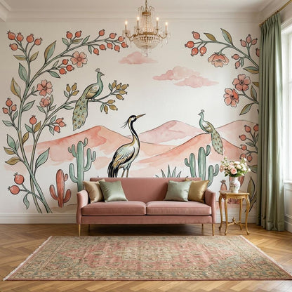 Boho Bird Wallpaper Floral Desert Wall Decor Soft Pastel Nature Bedroom Wall Mural