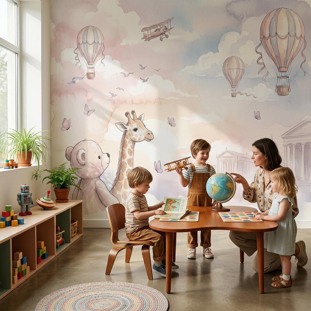 Baby Animal Nursery Wallpaper Giraffe Teddy Bear Hot Air Balloon Kids Room Wall Mural