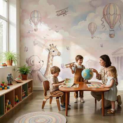 Baby Animal Nursery Wallpaper Giraffe Teddy Bear Hot Air Balloon Kids Room Wall Mural