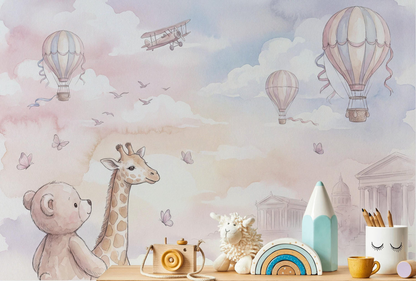Baby Animal Nursery Wallpaper Giraffe Teddy Bear Hot Air Balloon Kids Room Wall Mural