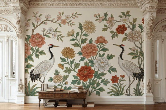 Chinoiserie Floral Crane Wallpaper Vintage Botanical Bird Elegant Living Room Wall Mural