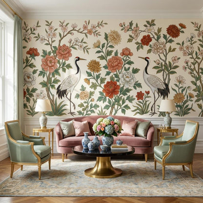 Chinoiserie Floral Crane Wallpaper Vintage Botanical Bird Elegant Living Room Wall Mural