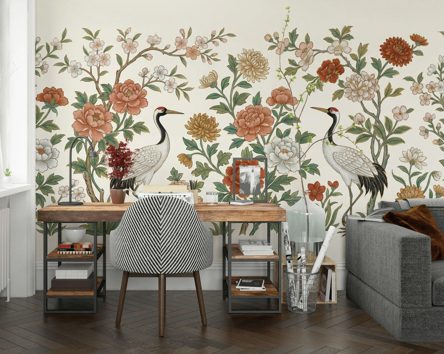 Chinoiserie Floral Crane Wallpaper Vintage Botanical Bird Elegant Living Room Wall Mural