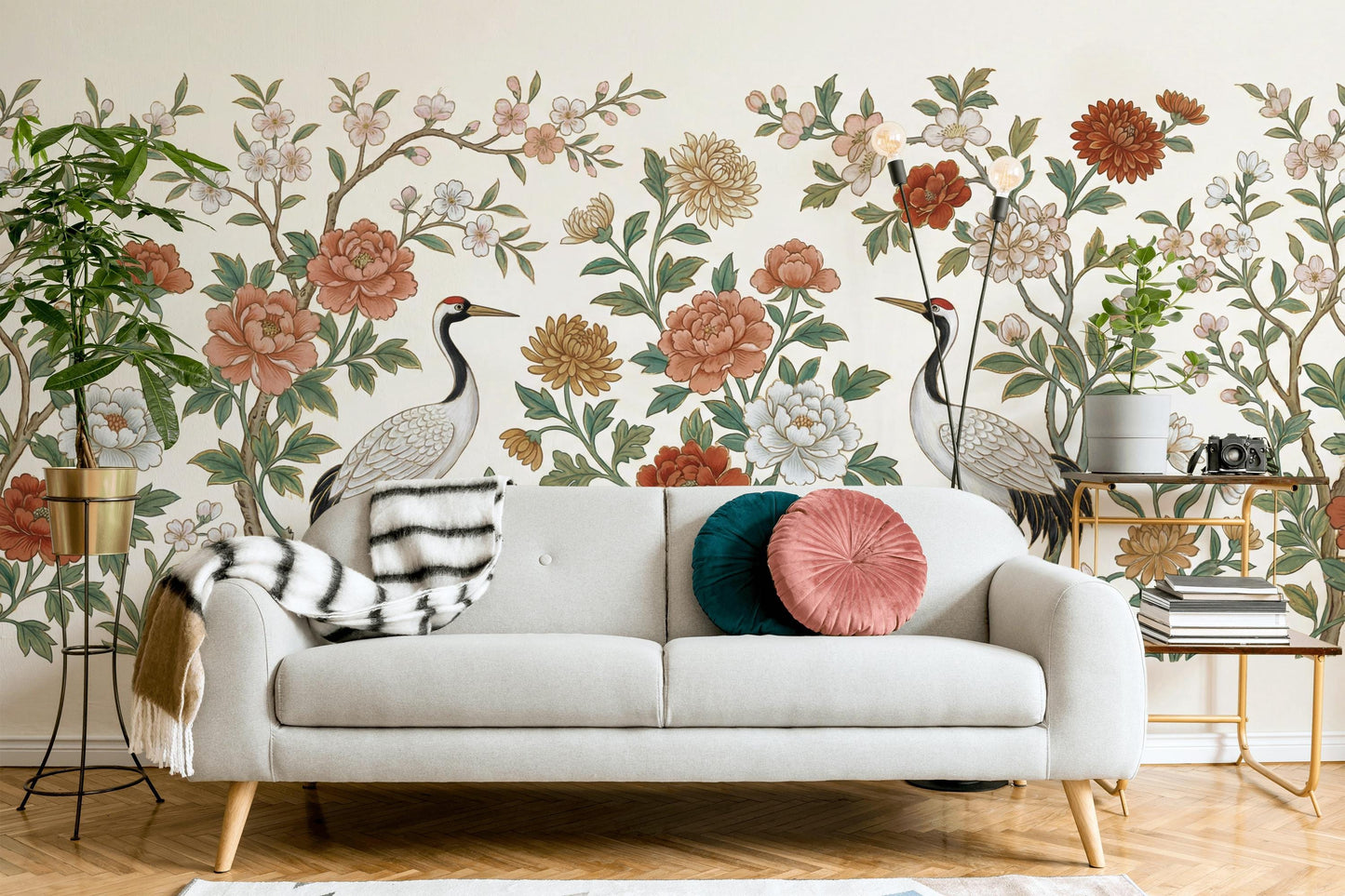 Chinoiserie Floral Crane Wallpaper Vintage Botanical Bird Elegant Living Room Wall Mural