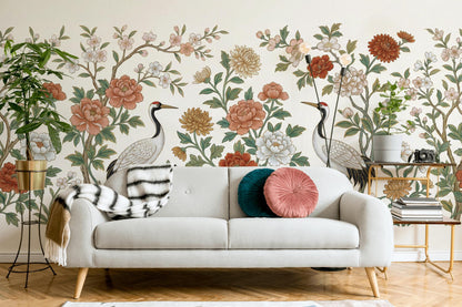 Chinoiserie Floral Crane Wallpaper Vintage Botanical Bird Elegant Living Room Wall Mural