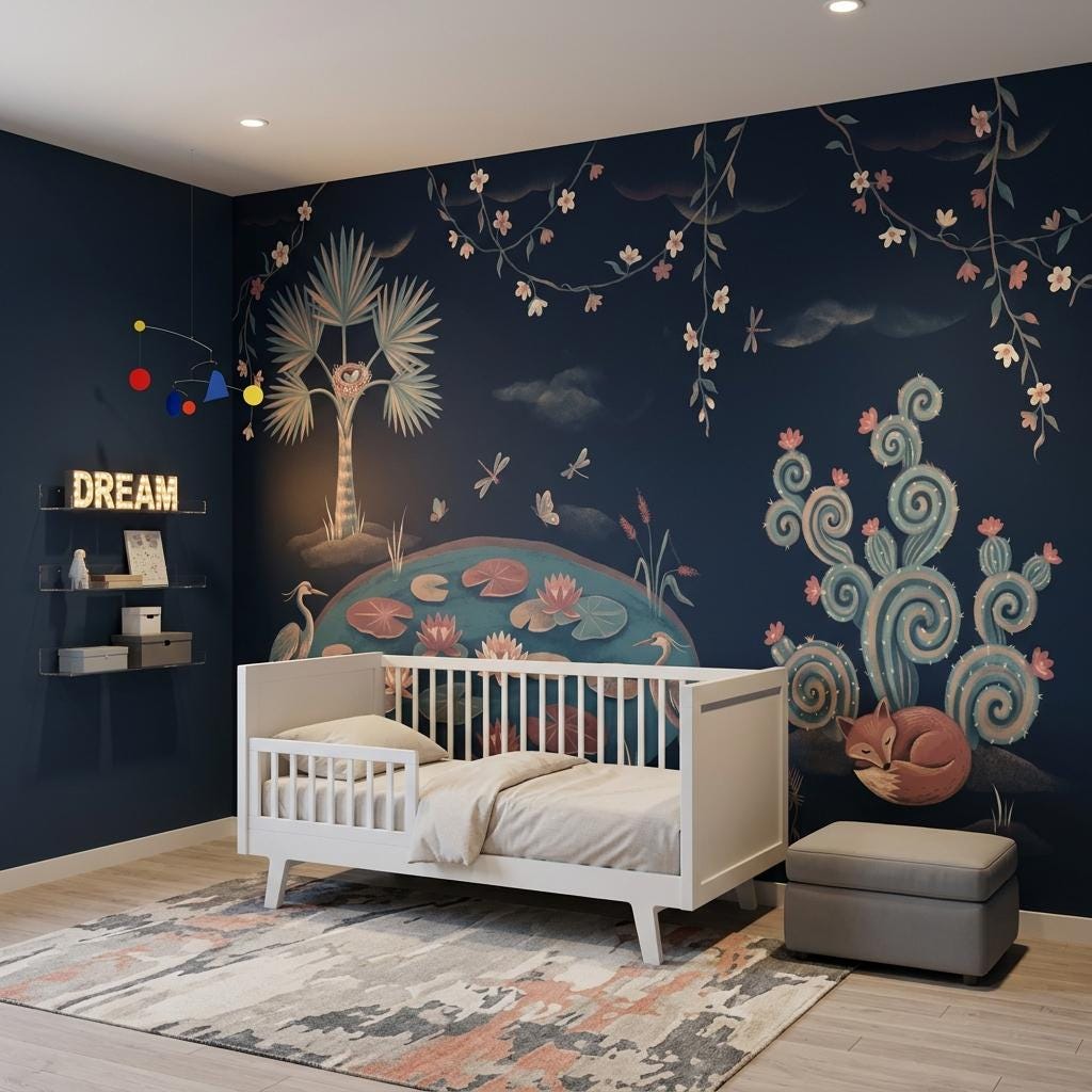 Whimsical Chinoiserie Wall Mural Navy Blue Lotus Pond Fox Crane Wallpaper Decor