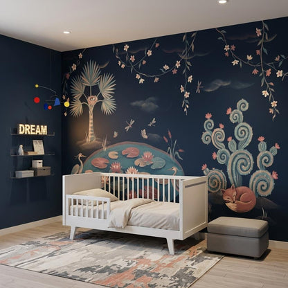 Whimsical Chinoiserie Wall Mural Navy Blue Lotus Pond Fox Crane Wallpaper Decor