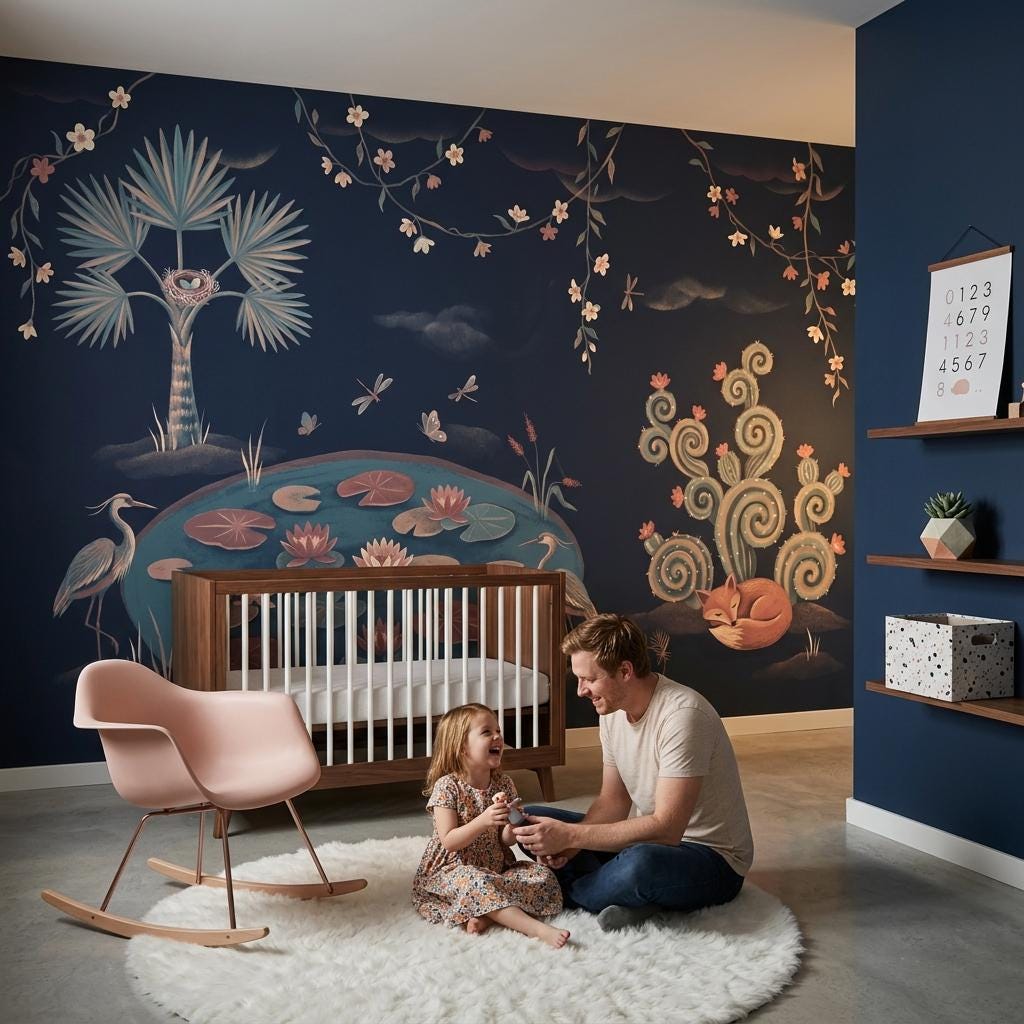 Whimsical Chinoiserie Wall Mural Navy Blue Lotus Pond Fox Crane Wallpaper Decor