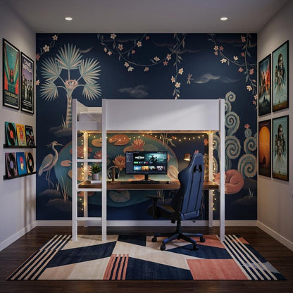 Whimsical Chinoiserie Wall Mural Navy Blue Lotus Pond Fox Crane Wallpaper Decor