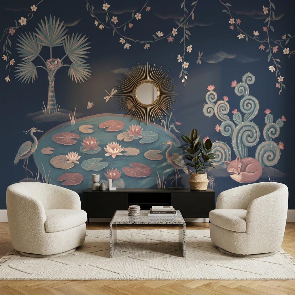 Whimsical Chinoiserie Wall Mural Navy Blue Lotus Pond Fox Crane Wallpaper Decor