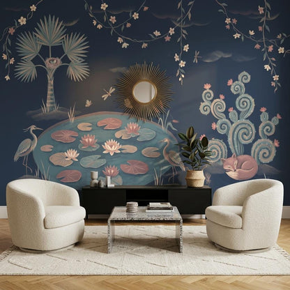 Whimsical Chinoiserie Wall Mural Navy Blue Lotus Pond Fox Crane Wallpaper Decor