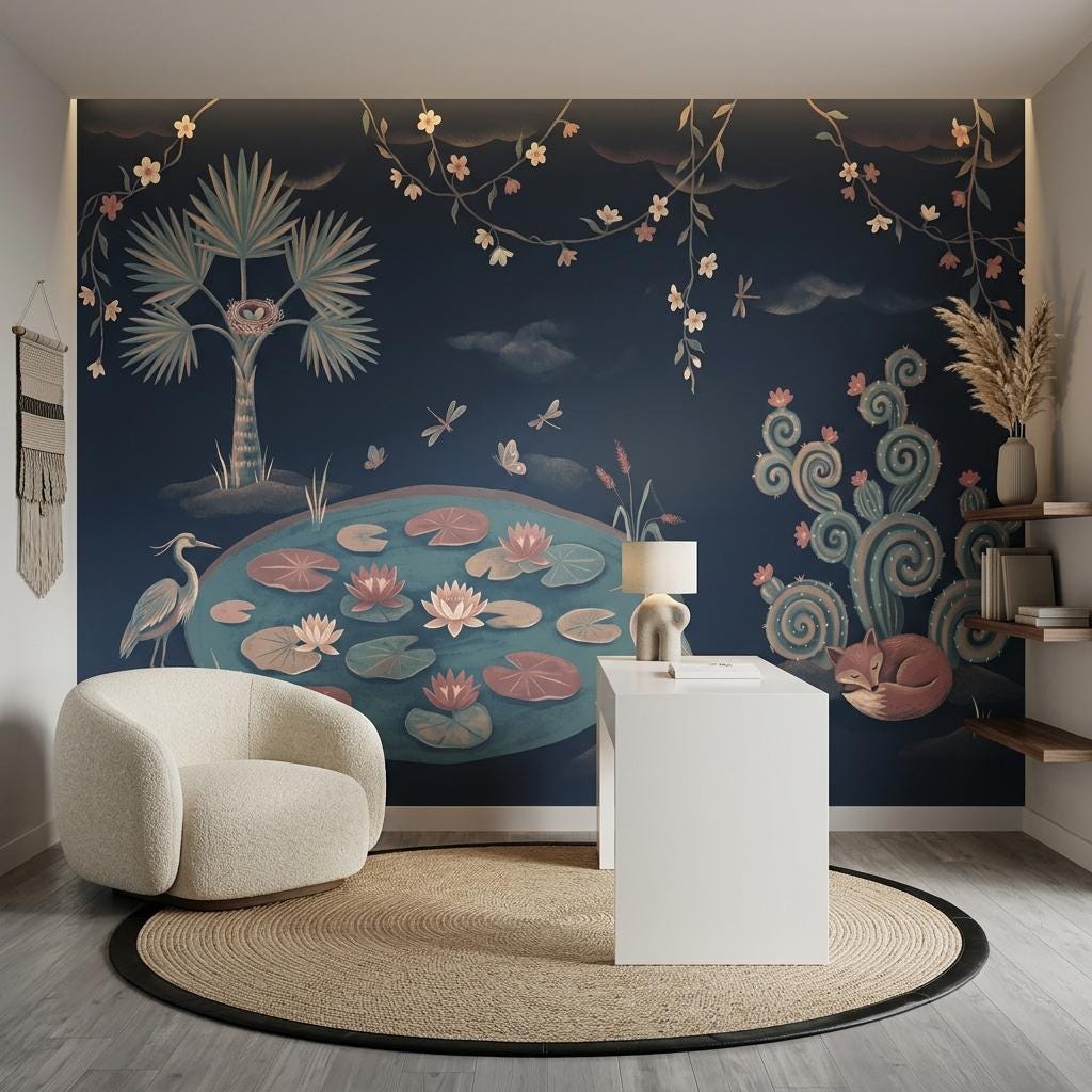 Whimsical Chinoiserie Wall Mural Navy Blue Lotus Pond Fox Crane Wallpaper Decor