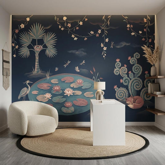 Whimsical Chinoiserie Wall Mural Navy Blue Lotus Pond Fox Crane Wallpaper Decor