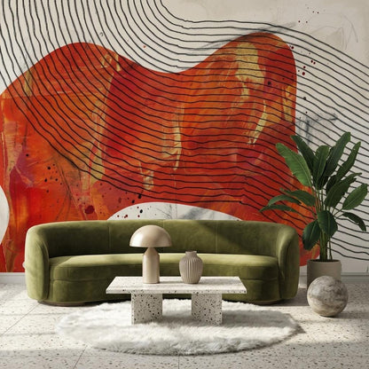 Abstract Red Beige Line Art Mural: Modern Statement Wall Decor (Peel & Stick)