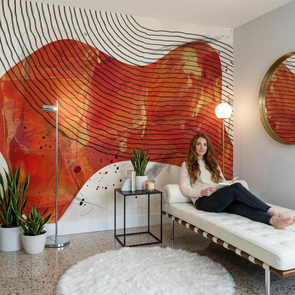Abstract Red Beige Line Art Mural: Modern Statement Wall Decor (Peel & Stick)