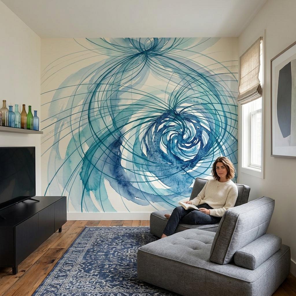 Blue Abstract Wall Mural Watercolor Swirl Wallpaper Modern Bedroom Statement Wall Decor