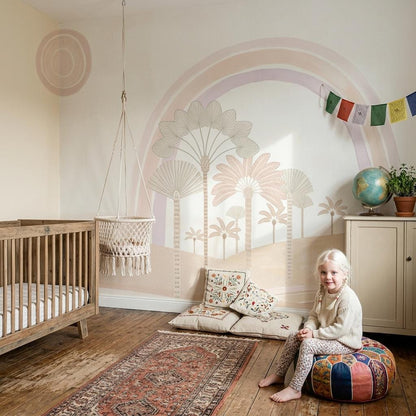 Neutral Rainbow Wall Mural Pastel Palm Landscape Wallpaper Minimal Statement Wall Decor