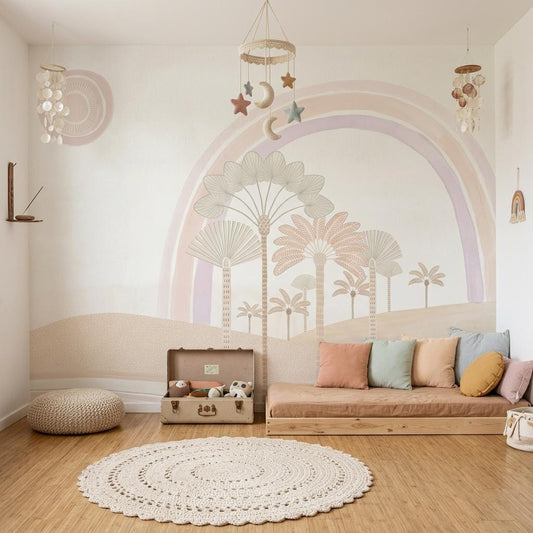 Neutral Rainbow Wall Mural Pastel Palm Landscape Wallpaper Minimal Statement Wall Decor
