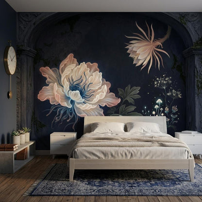 Dark Floral Wallpaper Mural, Moody Peony Wall Art for Bedroom, Removable Luxury Wall Decor