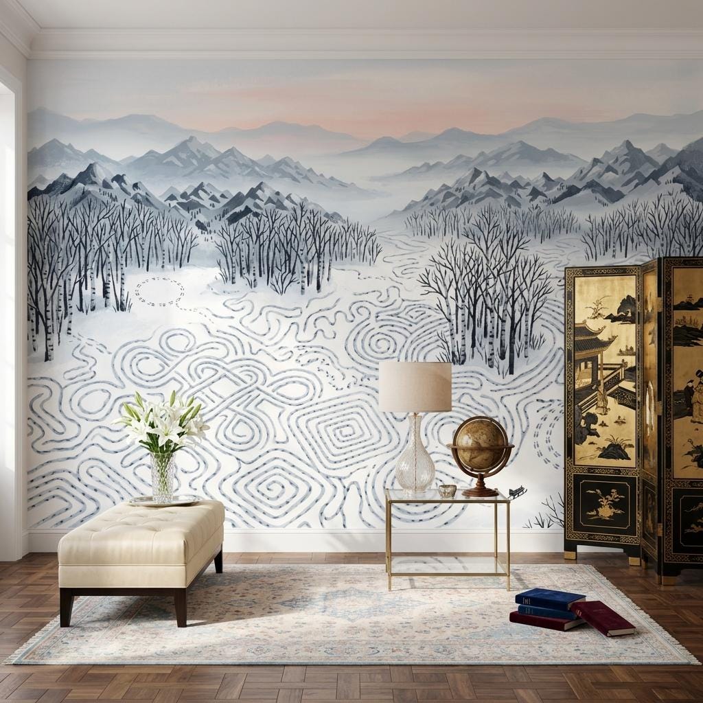 Winter Mountain Wallpaper Mural, Snow Landscape Wall Decor, Scenic Forest Wall Art