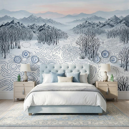 Winter Mountain Wallpaper Mural, Snow Landscape Wall Decor, Scenic Forest Wall Art
